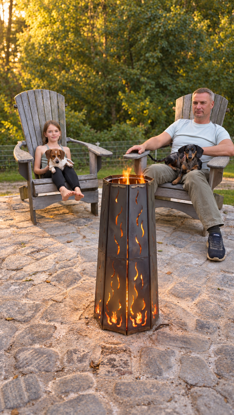 Familie mit Hunden am brennenden Feuerkorb